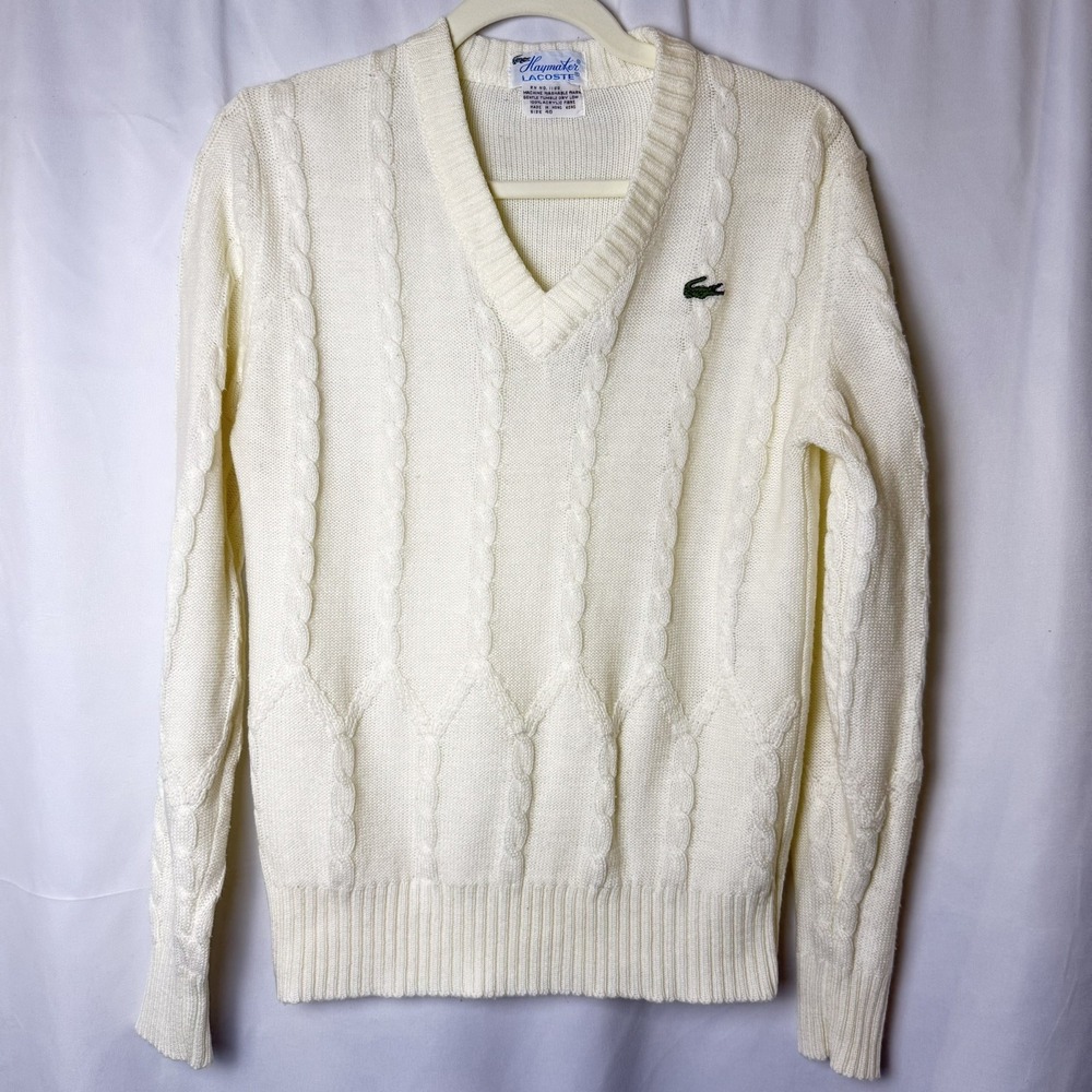 Haymaker Lacoste VTG 60s Cable Knit Acrylic Sweater V Neck Cream Womens 40